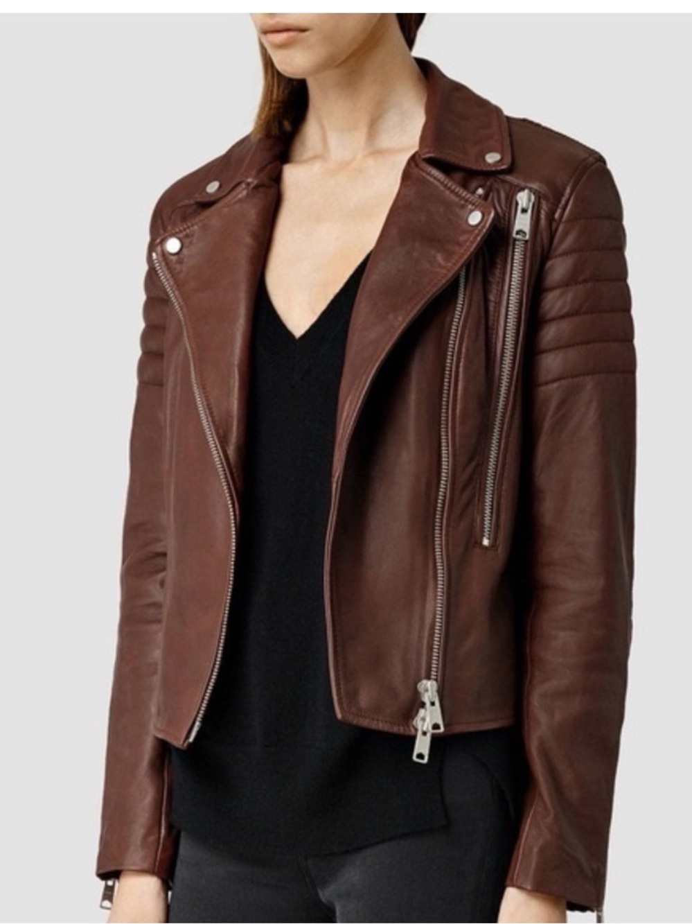 AllSaints Brown Leather Moto Jacket